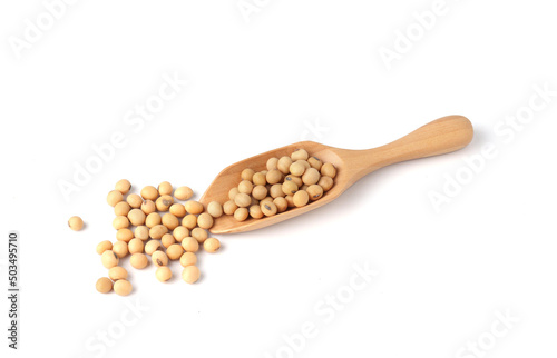 Soybeans in Wooden scoop isolated on white background