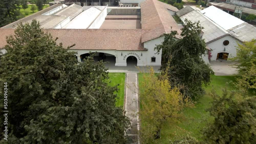 Aerial view dolly in at the Undurraga winery headquarters in Talagante, Chile. Aerial view dolly in at the Undurraga winery headquarters in Talagante, Chile.