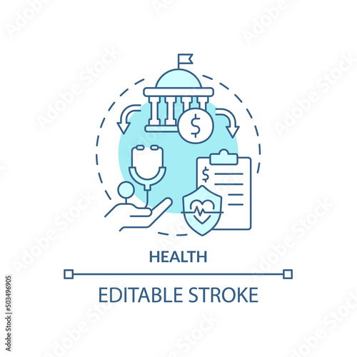 Health turquoise concept icon. Healthcare services financing. Expenditures abstract idea thin line illustration. Isolated outline drawing. Editable stroke. Arial, Myriad Pro-Bold fonts used