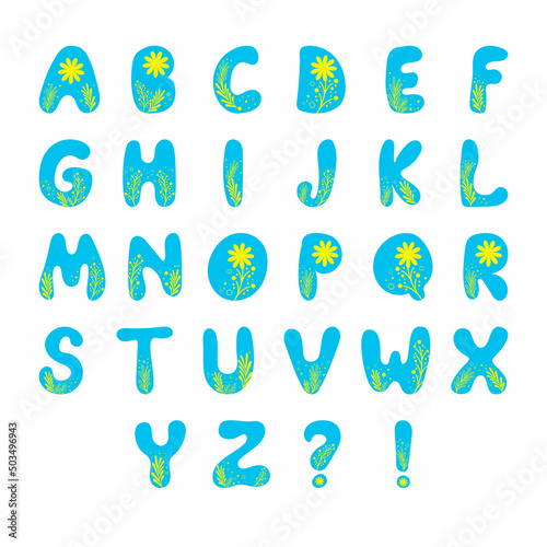 Blue and yellow english alphabet with floral elements