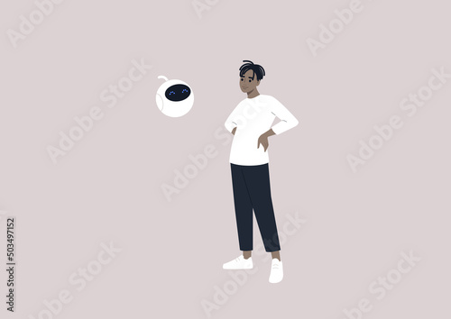 A young male African character talking to a cute round robot