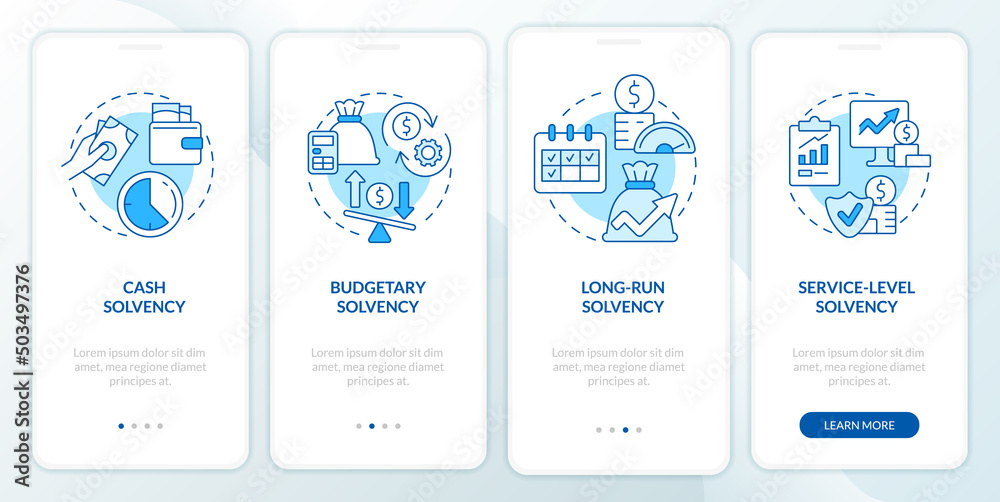 Budget balance blue onboarding mobile app screen. Expenditures and income walkthrough 4 steps graphic instructions pages with linear concepts. UI, UX, GUI template. Myriad Pro-Bold, Regular fonts used
