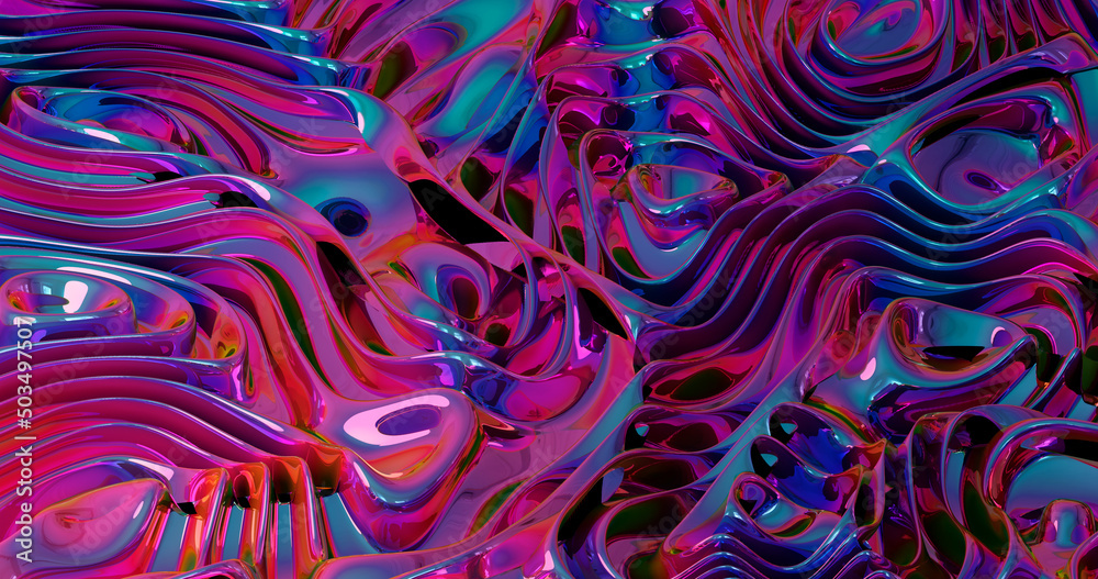 Fototapeta premium Iridescent abstract pink and purple background. Render vivid cosmic surface with reflection and ultraviolet gradient. Abstract trendy metallic background