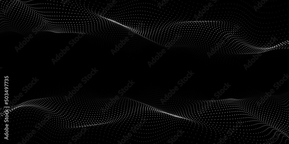 Abstract technology wave of particles. Big data visualization. Vector dark background with motion dots and lines. Artificial intelligence. Abstract technology wave of particles. Big data visualization. Vector dark background with motion dots and lines. Artificial intelligence.