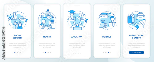 Budget expenditures blue onboarding mobile app screen. State, government walkthrough 5 steps graphic instructions pages with linear concepts. UI, UX, GUI template. Myriad Pro-Bold, Regular fonts used