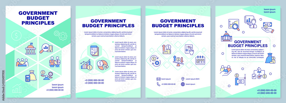 Government budget principles brochure template. Finance allocation. Leaflet design with linear icons. 4 vector layouts for presentation, annual reports. Arial-Black, Myriad Pro-Regular fonts used