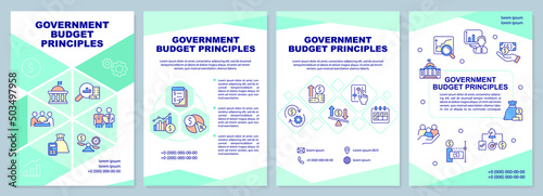 Government budget principles brochure template. Finance allocation. Leaflet design with linear icons. 4 vector layouts for presentation, annual reports. Arial-Black, Myriad Pro-Regular fonts used
