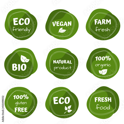 Eco, bio, vegan food stickers template, logo with leaves for organic and eco friendly products. Eco stickers for labeling package, food, cosmetics. Hand drawn style.