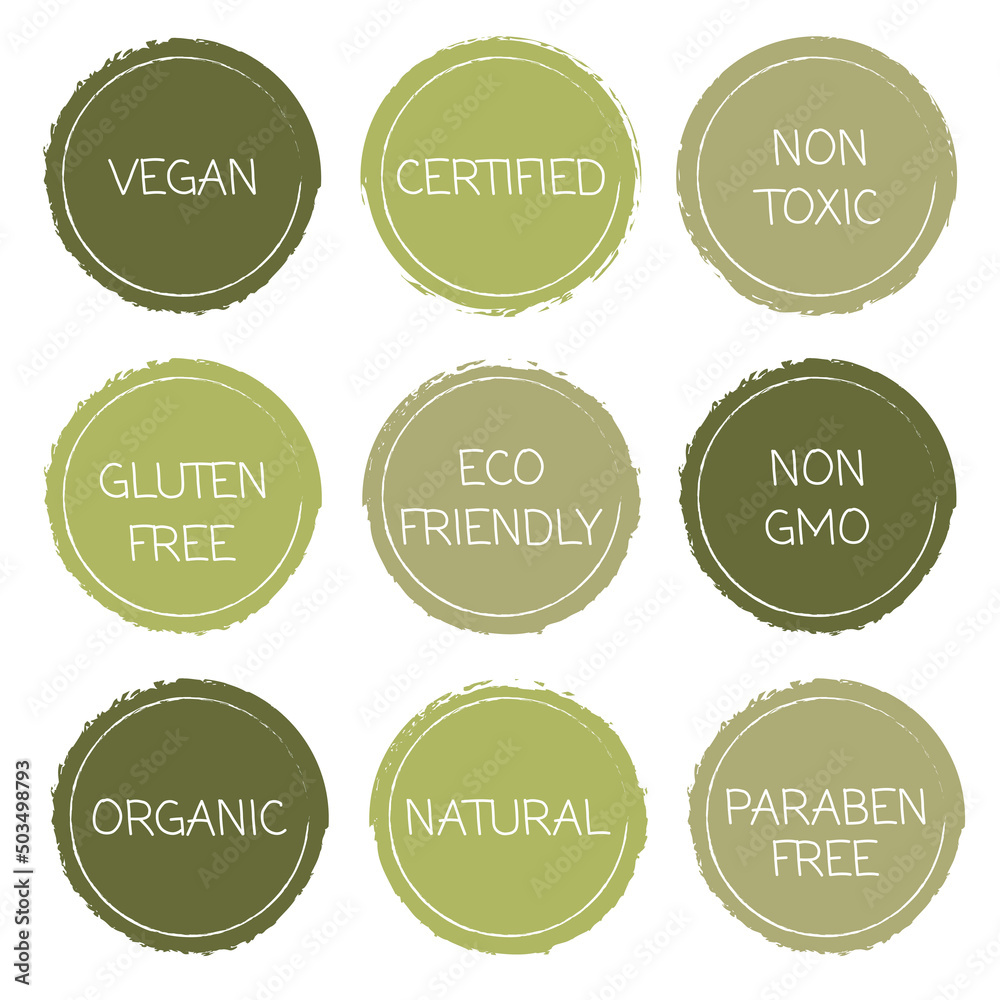 Fresh healthy organic vegan food logo labels and tags. Vector hand ...