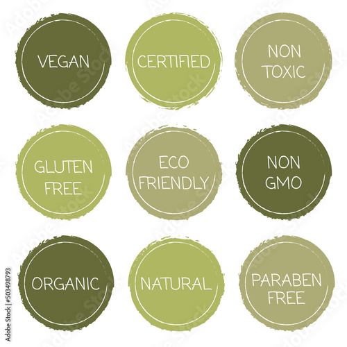 Fresh healthy organic vegan food logo labels and tags. Vector hand drawn illustration. Round eco green logo. Vegan food sign with leaves. Natural, eco friendly, not gmo, organic gluten free stickers.