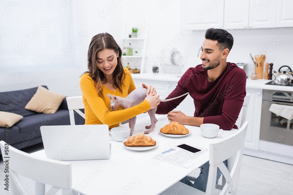 Positive multiethnic couple looking at sphynx cat near devices and breakfast on table at home.