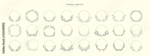 Set of floral decoration wreath and round labels. Branch and minimalist flowers. Hand drawn line wedding herb, elegant leaves for invitation save the date card. Botanical rustic trendy