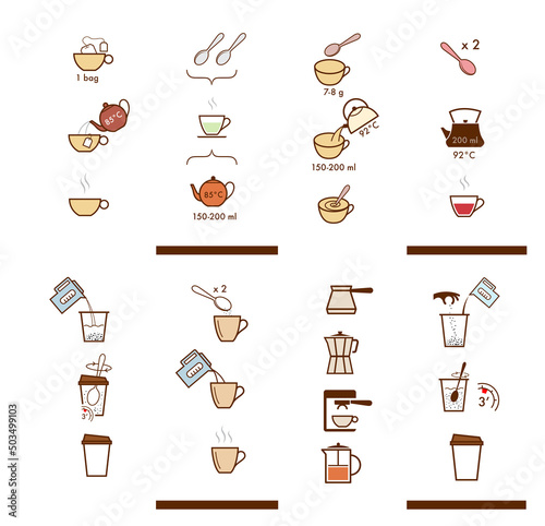 Set of methods of brewing tea and coffee. Preparation instructions. Vector elements for infographics. Set of sign for detailed guideline. Ready for your design. EPS10.