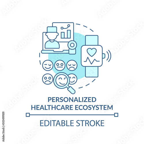 Personalized healthcare ecosystem turquoise concept icon. Mental health trend abstract idea thin line illustration. Isolated outline drawing. Editable stroke. Arial, Myriad Pro-Bold fonts used