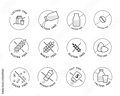 Lactose free, gluten, wheat, sugar and salt free icons. A set of icons ready to use in your design. Vector icons can be used on different backgrounds. EPS10.	