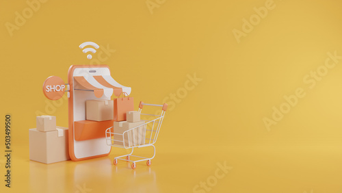 Smartphone shop with shopping cart and boxes on orange background. Shopping online concept. 3d illustration.