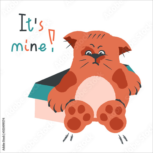 Ginger grumpy cat. Orange kitty guards the box. Funny angry pet protects carton. Property Security Concept. Lettering. Vector cartoon flat illustration for card, humorous poster, cover, kids design