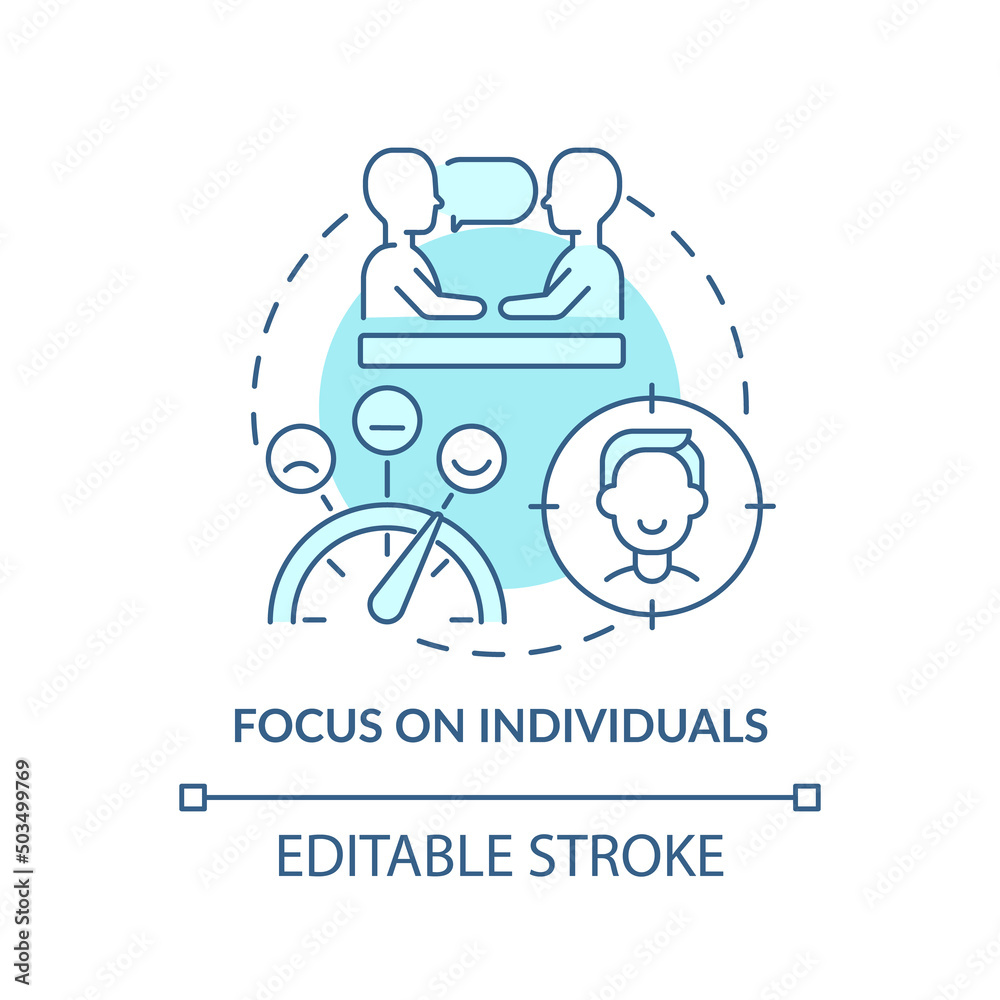Focus on individuals turquoise concept icon. Employee care. Mental health at work abstract idea thin line illustration. Isolated outline drawing. Editable stroke. Arial, Myriad Pro-Bold fonts used Focus on individuals turquoise concept icon. Employee care. Mental health at work abstract idea thin line illustration. Isolated outline drawing. Editable stroke. Arial, Myriad Pro-Bold fonts used