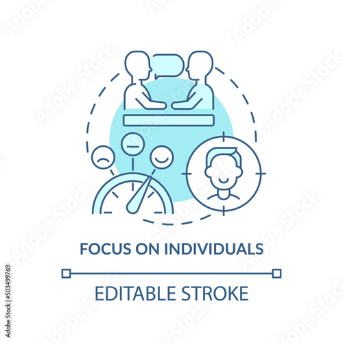 Focus on individuals turquoise concept icon. Employee care. Mental health at work abstract idea thin line illustration. Isolated outline drawing. Editable stroke. Arial, Myriad Pro-Bold fonts used