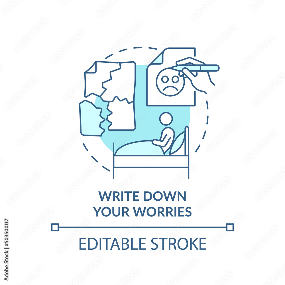 Write down your worries turquoise concept icon. Sleep pattern. Improve mental health abstract idea thin line illustration. Isolated outline drawing. Editable stroke. Arial, Myriad Pro-Bold fonts used Write down your worries turquoise concept icon. Sleep pattern. Improve mental health abstract idea thin line illustration. Isolated outline drawing. Editable stroke. Arial, Myriad Pro-Bold fonts used
