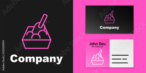Pink line Cat litter tray with shovel icon isolated on black background. Sandbox cat with shovel. Logo design template element. Vector