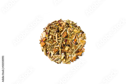 Loose leaf lemongrass tea with herbal ad ginger and fruits isolated on white