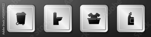 Set Trash can, Toilet bowl, Basin with shirt and Bottle for cleaning agent icon. Silver square button. Vector