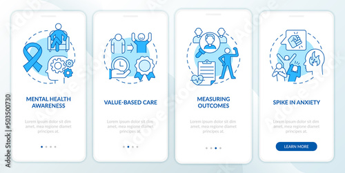 Behavioral trends blue onboarding mobile app screen. Mental health walkthrough 4 steps graphic instructions pages with linear concepts. UI, UX, GUI template. Myriad Pro-Bold, Regular fonts used