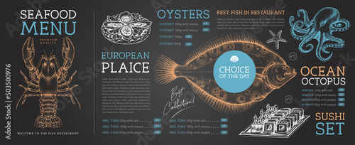 Chalk drawing seafood restaurant menu design with hand drawing fish. Vector illustration