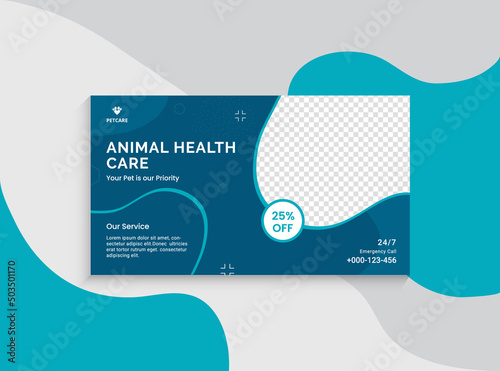 Animal Health care and web banner template. Promotion banner design for live business workshop. Video cover for the pet care. Pet clinic social media pet service vector layout.