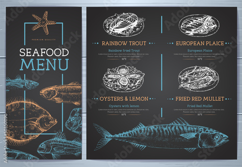 Chalk drawing seafood restaurant menu design with hand drawing fish. Vector illustration