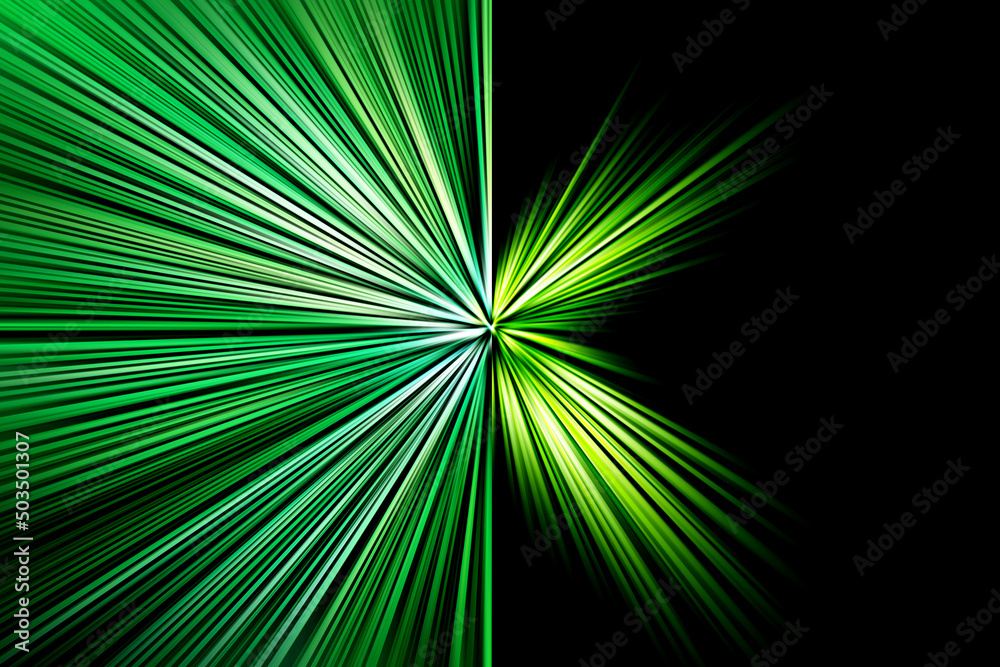 Obraz premium Abstract surface of blur radial zoom in light green and dark green colors on a black background. Bright colorful background with radial, diverging, converging lines