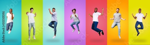 Joyful young men jumping up on colorful backgrounds, collage