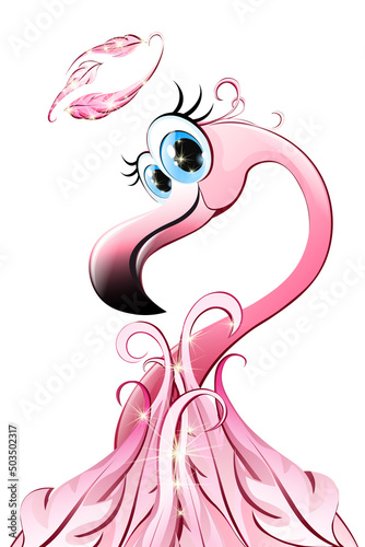 Cartoon pink flamingo angel character with nimbus pray