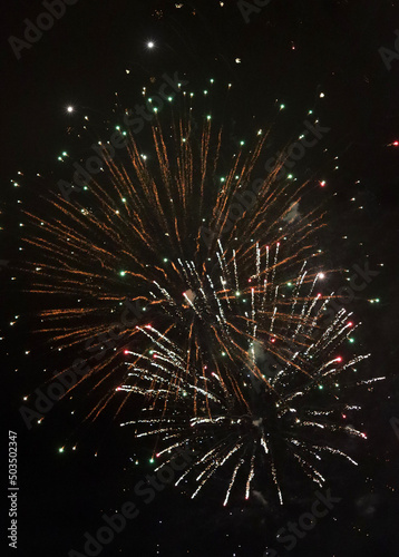 Independence day celebration. Colorful fireworks in the dark sky. Black background with copy space. 