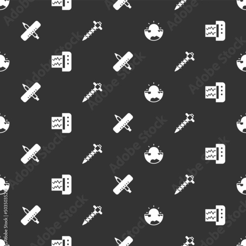 Set Earth core structure crust, Seismograph, Crossed ruler and pencil and Construction jackhammer on seamless pattern. Vector