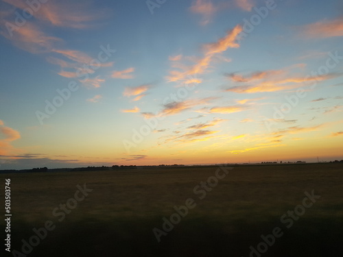 Blue and yellow sky. Sunset in the green fields.