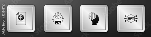 Set NFT contract, Digital crypto art, and icon. Silver square button. Vector