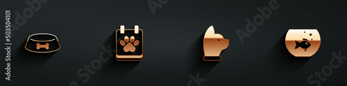 Set Pet food bowl for cat or dog, Calendar grooming, Cat and Aquarium with fish icon with long shadow. Vector