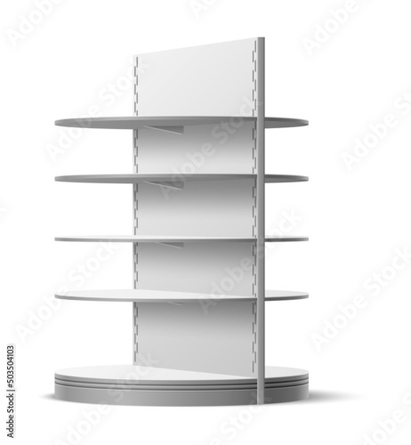 Empty shelving stand. Realistic shopping shelf. Supermarket and store selling furniture. Shop interior. Isolated multilevel rack for merchandise exhibition. Vector showcase racking mockup
