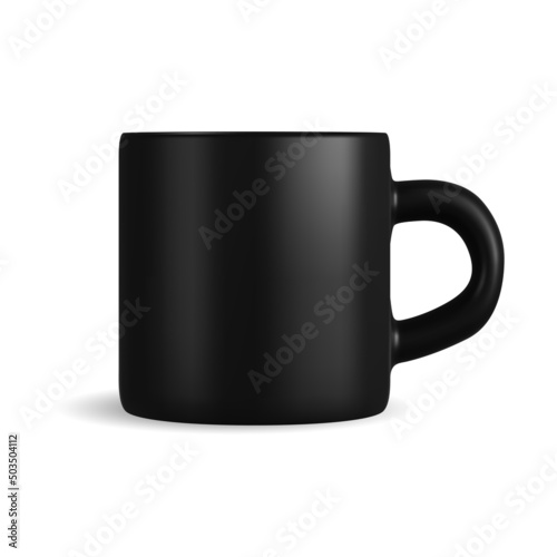 Black mug. Isolated vector coffee cup mockup template. Ceramic tea mug with handle for corporate branding, logo design. Matt glass blank, front preview. Giveaways merchandise porcelain