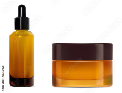 Amber glass cosmetic product container. Cream jar, dropper blank set. Essential oil vial, skin naturopathy collection. Round face or body cream box illustration. Broun pack design