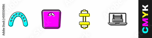 Set Mouth guard boxer, Bathroom scales, Dumbbell and Boxing ring icon. Vector