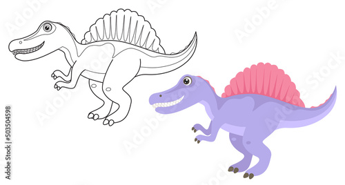 Coloring page outline of cute Spinosaurus. Cartoon vector dinosaur. Simple flat illustration. Coloring book for children.