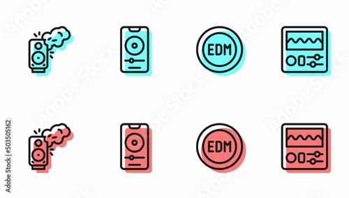 Set line EDM electronic dance music, Stereo speaker, Music player and Drum machine icon. Vector