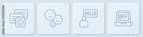 Set line Chat messages on laptop, Acquaintance, Happy friendship day and BFF or best forever. White square button. Vector