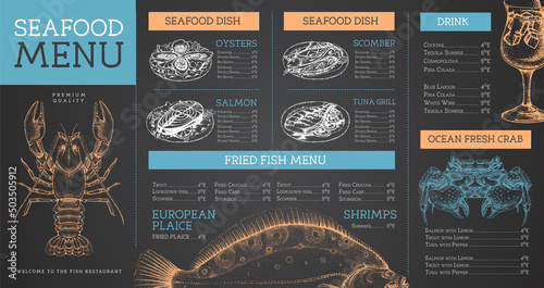 Chalk drawing seafood restaurant menu design with hand drawing fish. Vector illustration