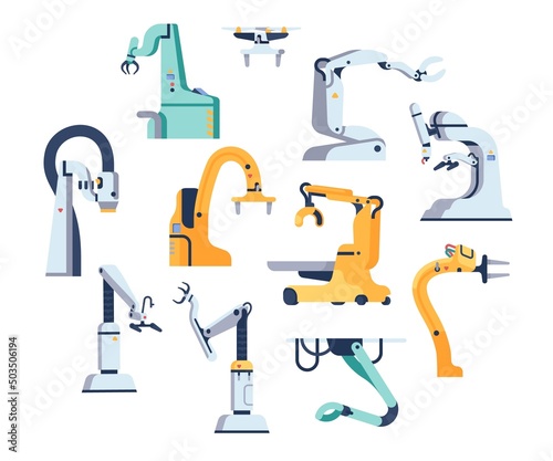 Robotic arms. Mechanic manipulator. Robotic equipment. Manufacturing conveyor machines. Automatic assembly and packaging. Industry production machinery. Vector electronic hands set