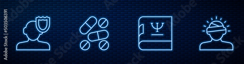 Set line Psychology book, Medicine pill or tablet and Concussion, headache. Glowing neon icon on brick wall. Vector