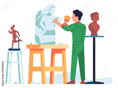 Sculptor making statue. Artist carving from stone